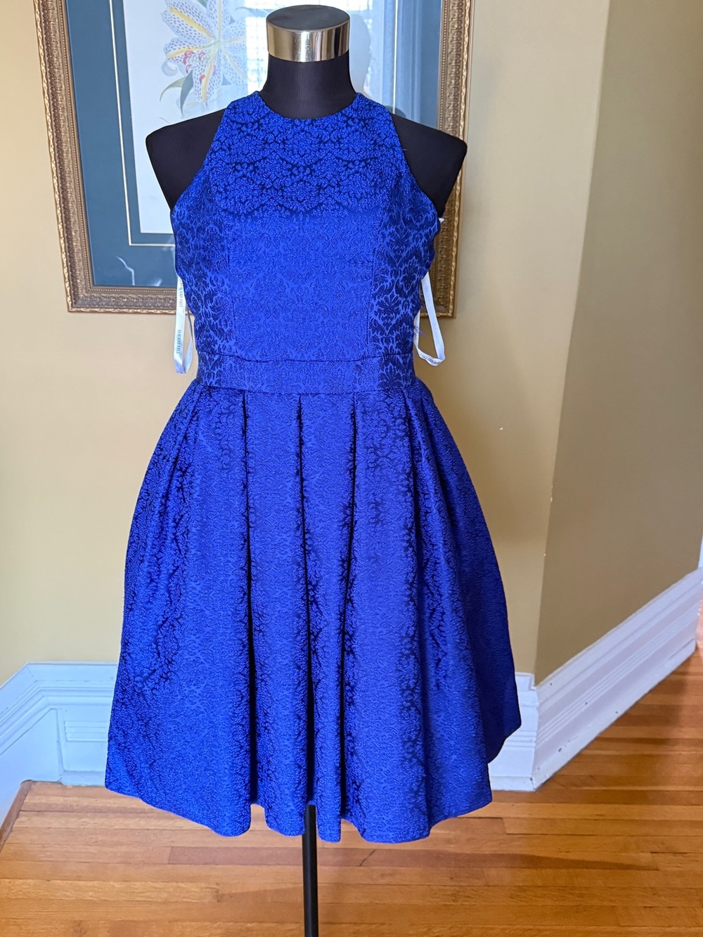 Sherri Hill Royal Blue Textured Halter Fit-and-Flare Prom Dress